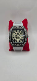 AJ iced out mille style watch with a white rubber band and VVSCZ stones