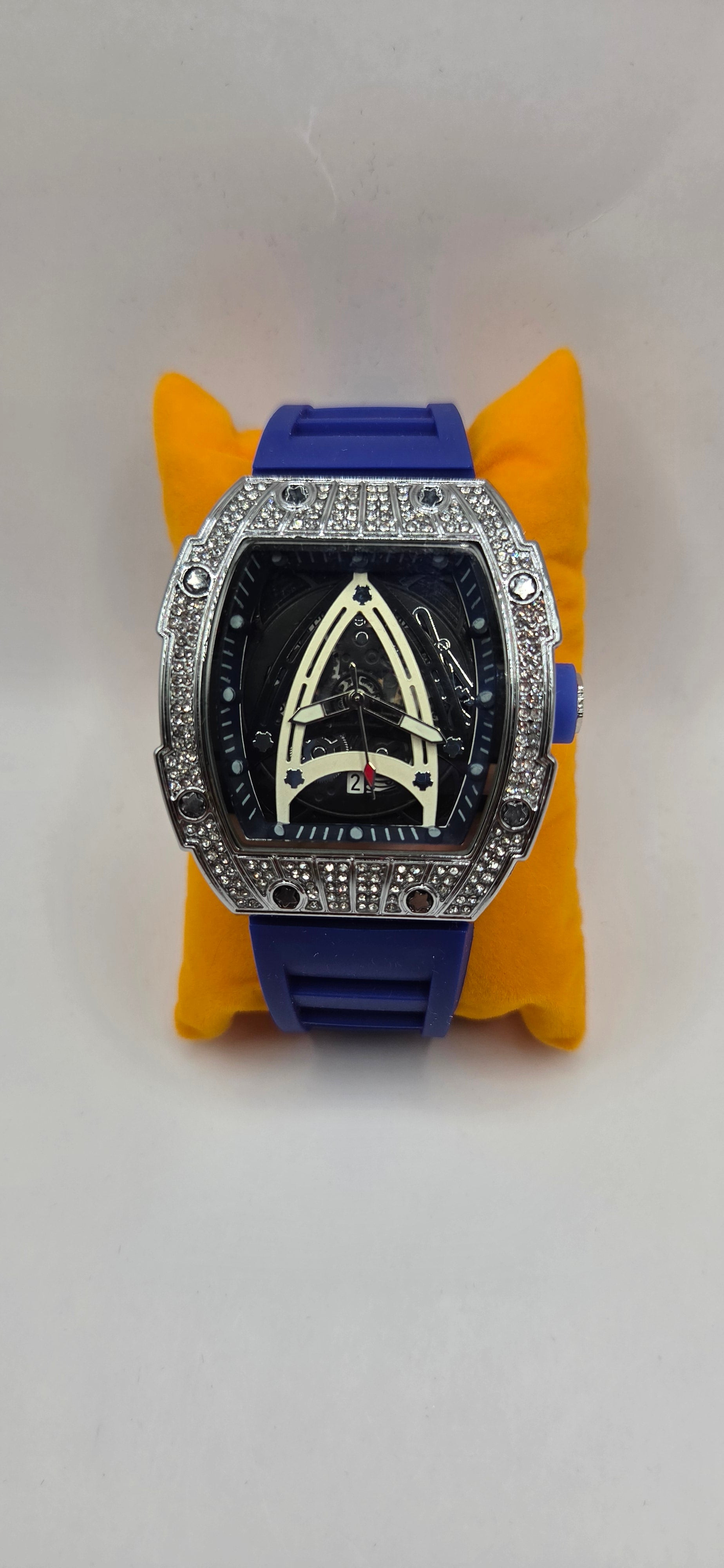 Aj starship iced out mille style watch, silver with a blue rubber band and VVSCZ stones