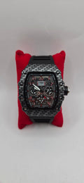 Mille style watch black carbon with red accents fiber with a blsck rubber band