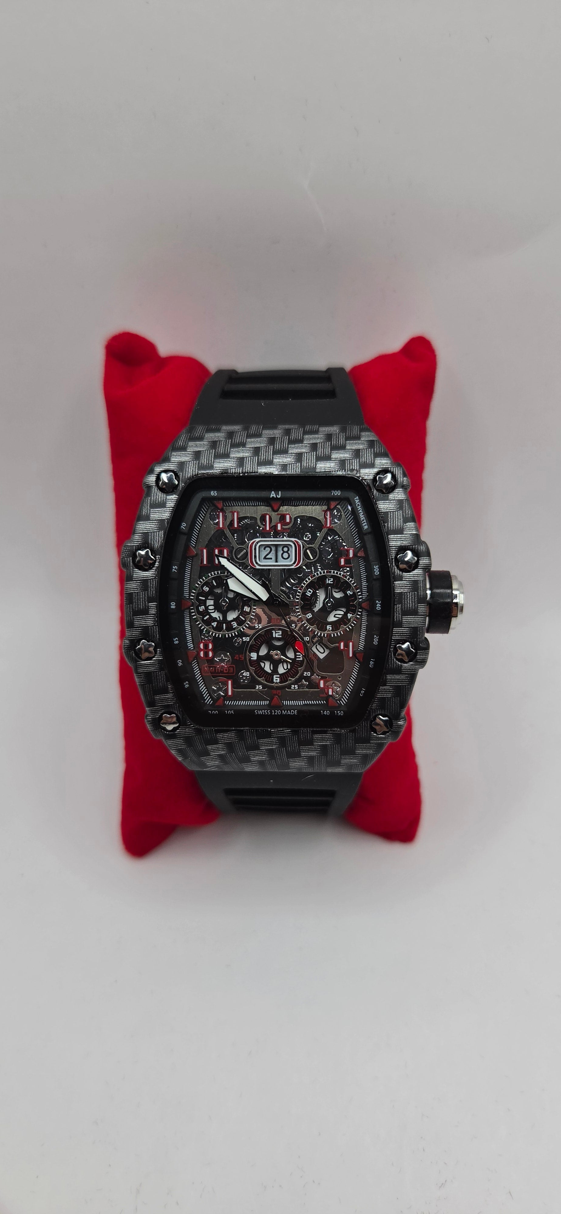 Mille style watch black carbon with red accents fiber with a blsck rubber band