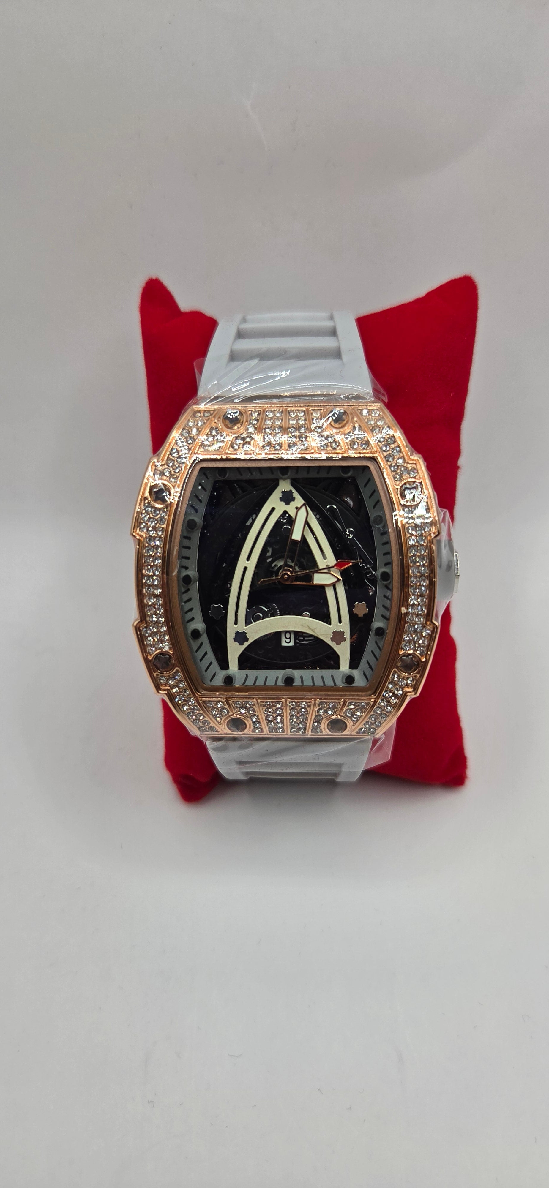 AJ iced out Mille style watch rose gold with white rubber band
