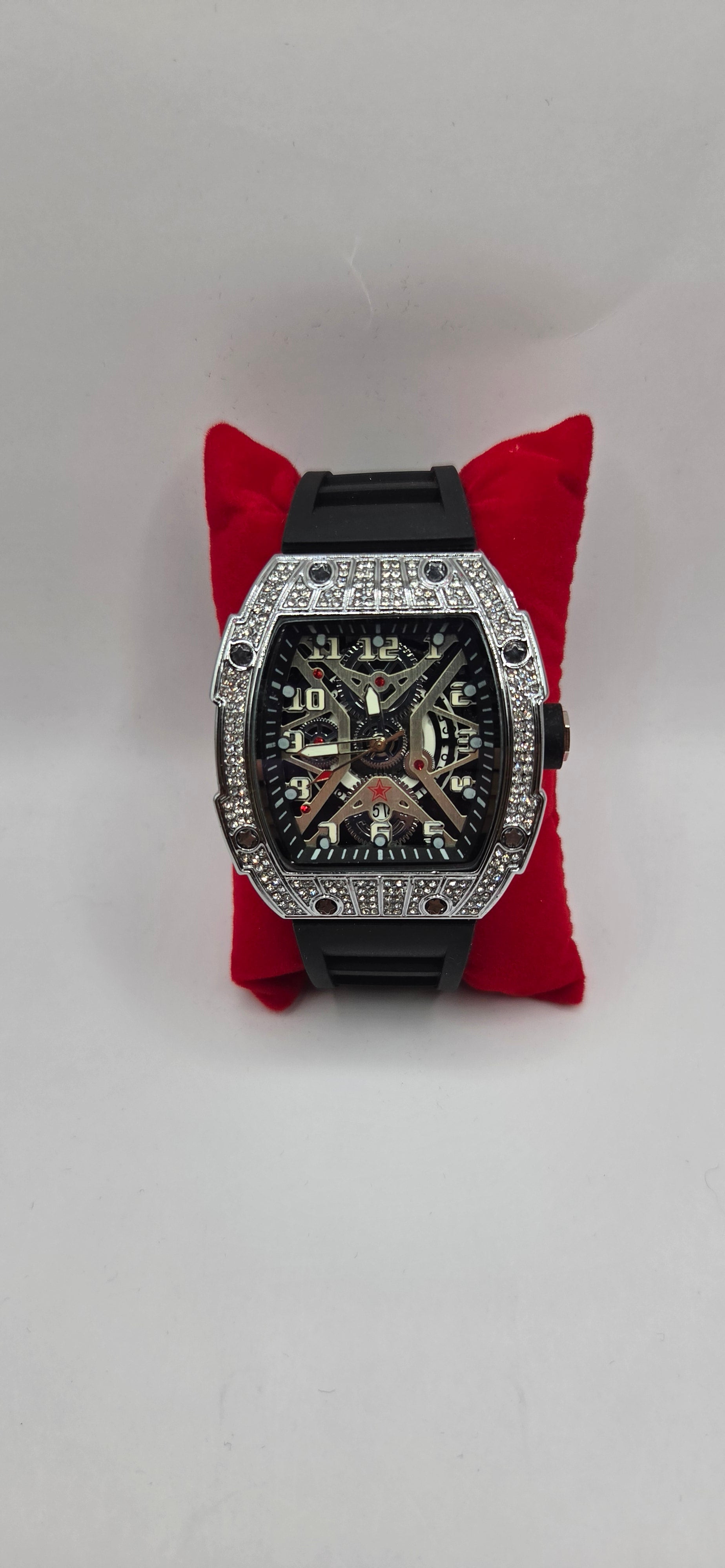 AJ iced out Mille style watch silver with black rubber band