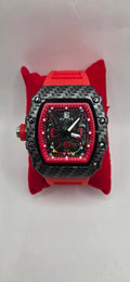 Mille style watch black carbon fiber with a red rubber band