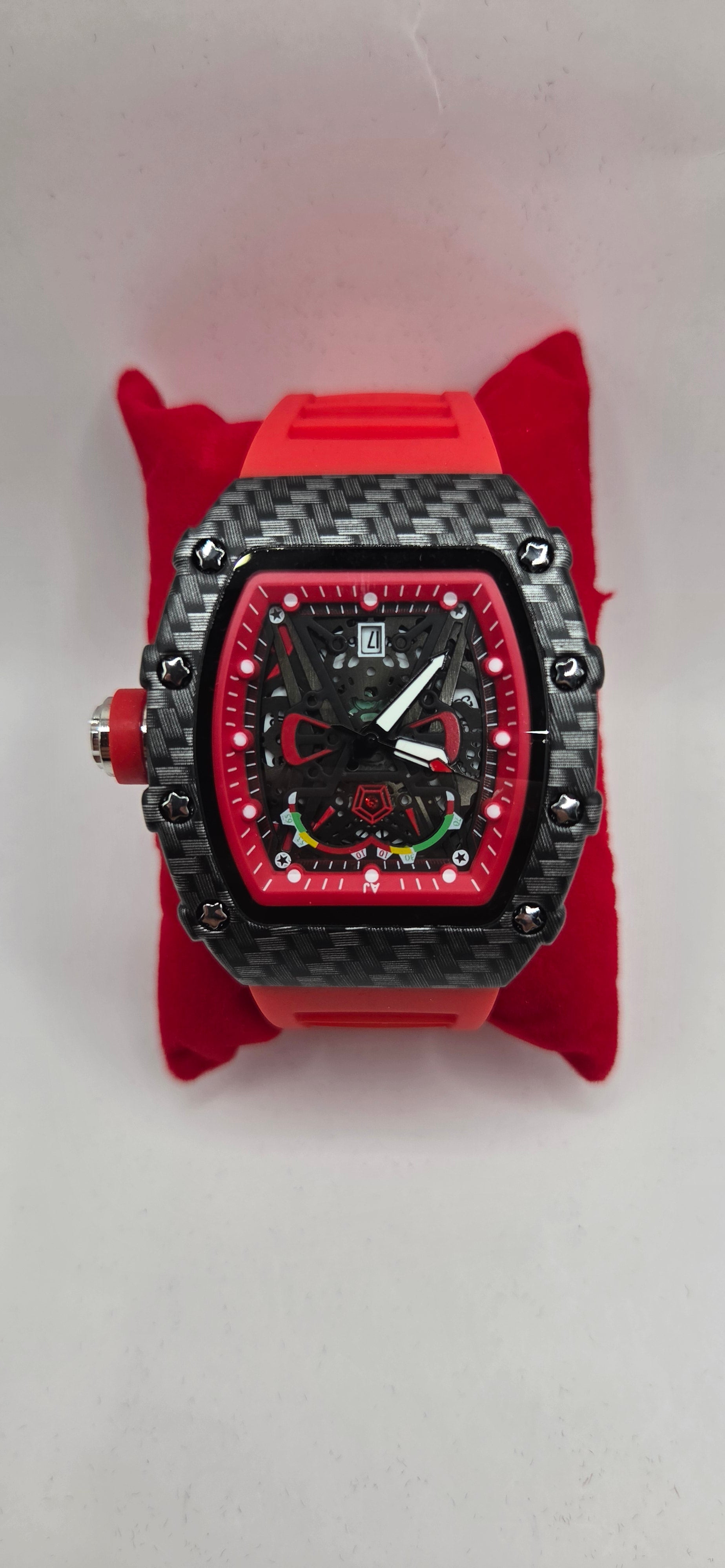 Mille style watch black carbon fiber with a red rubber band