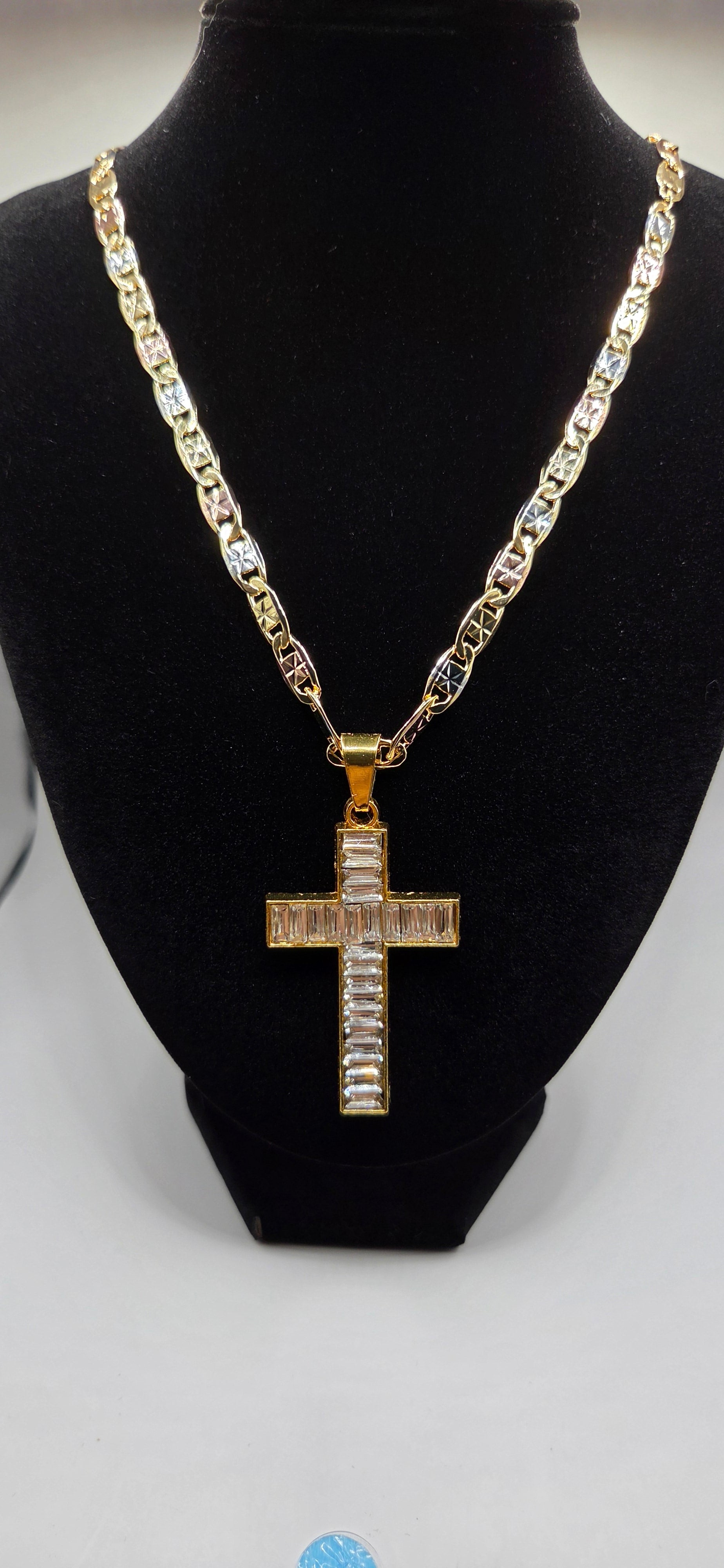 24 inch tri color gold/silver/rose gold chain with iced out cross