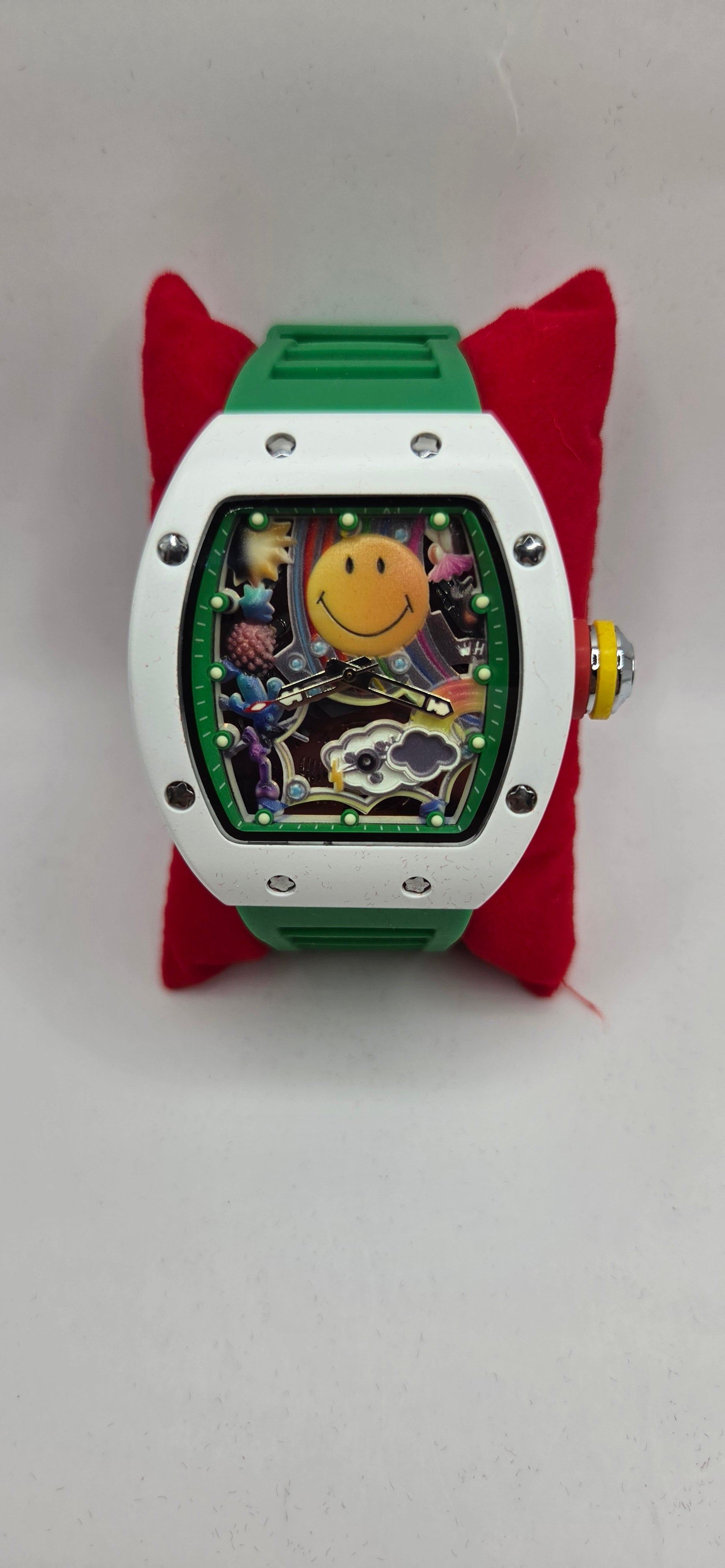 Mille style smile watch white with a green rubber band