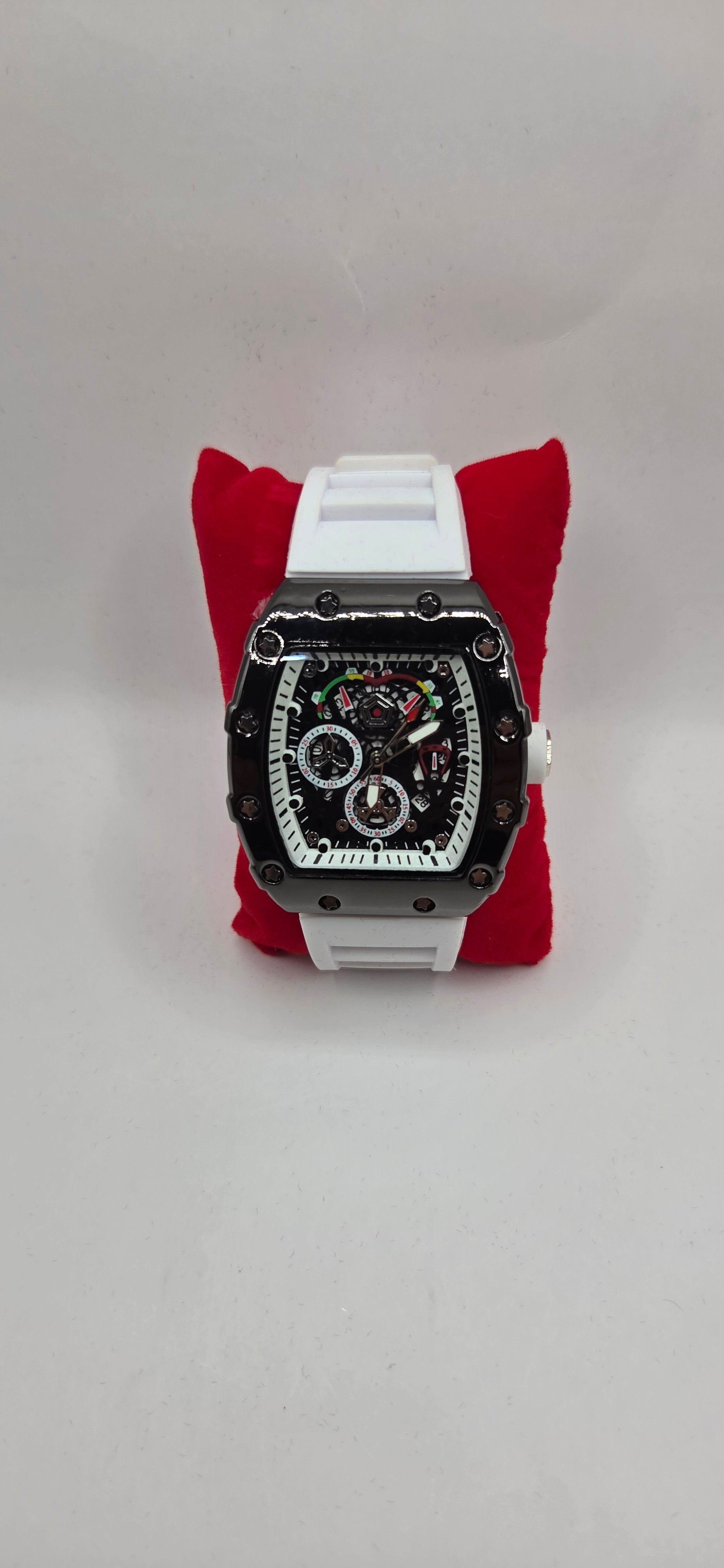 Mille style watch black with a white rubber band