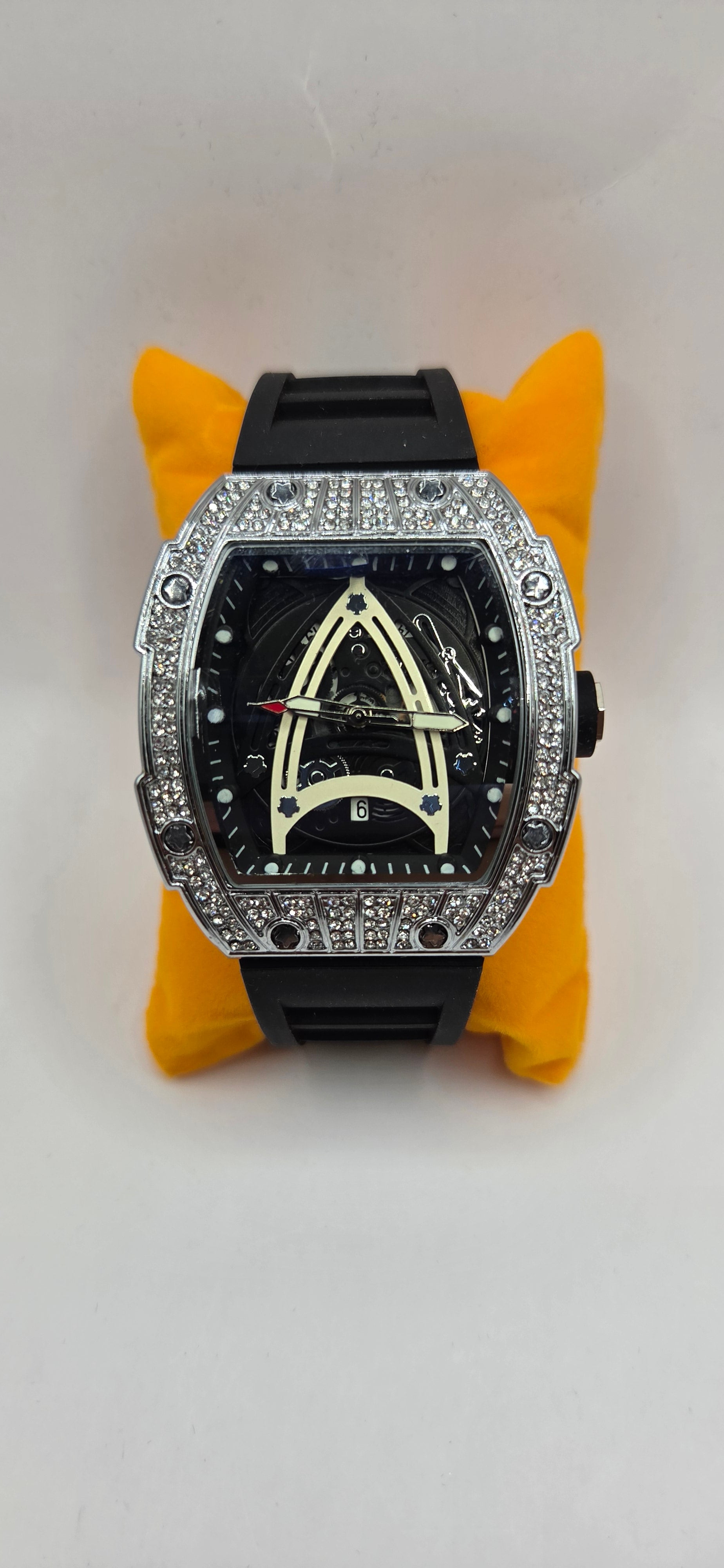 Aj starship iced out mille style watch, silver with a black rubber band and VVSCZ stones