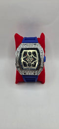 AJ vip iced out mille style watch silver with a blue rubber band