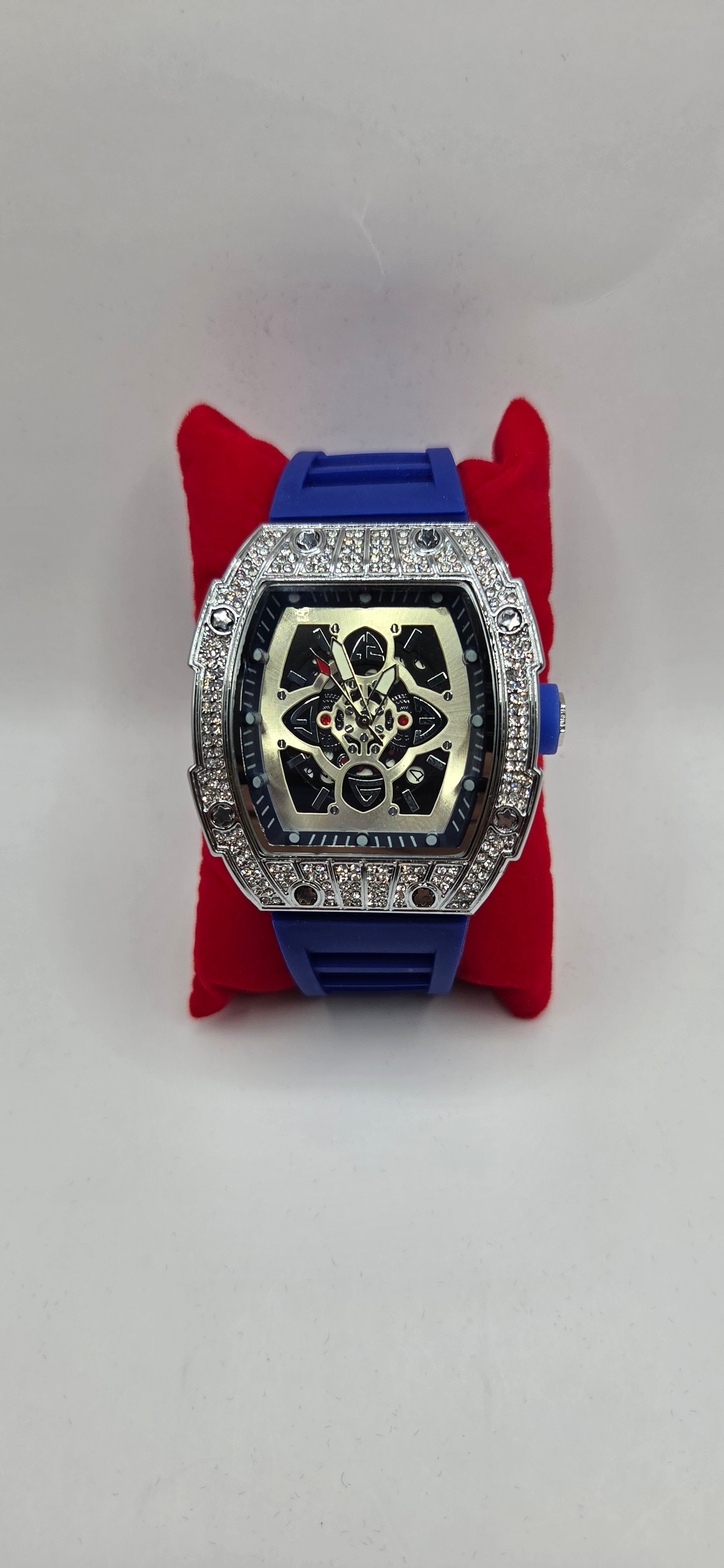 AJ vip iced out mille style watch silver with a blue rubber band
