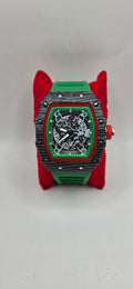 Mille style watch black carbon fiber with a green rubber band