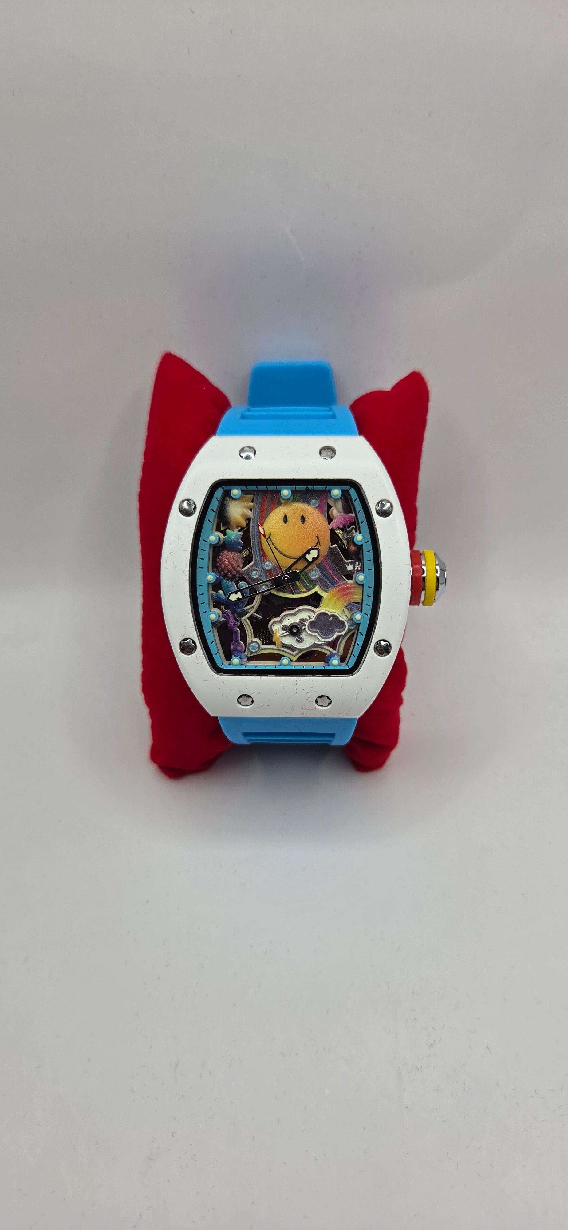 Mille style smile watch.  white with a tiffany blue rubber band