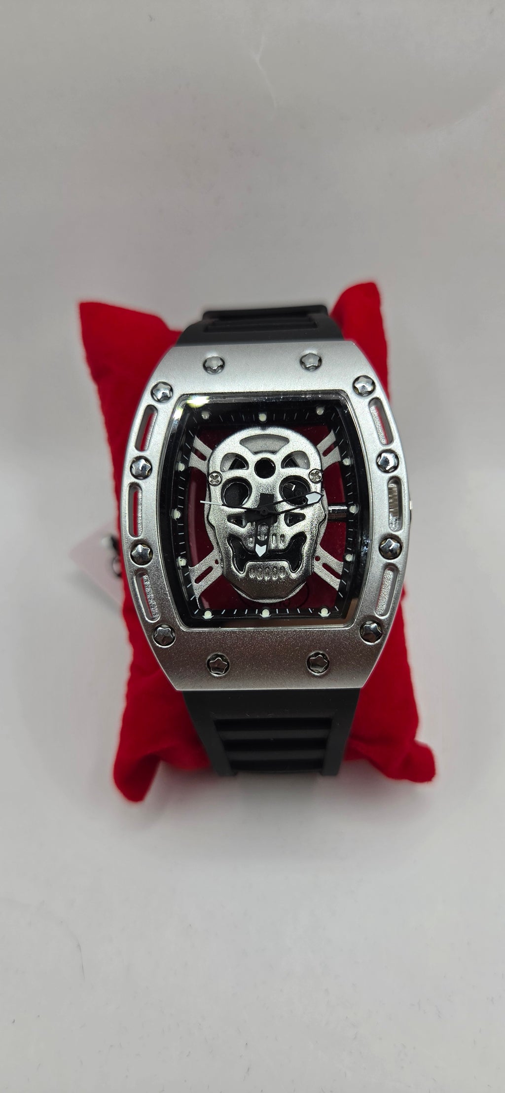 Aj black mille silver skeleton style watch