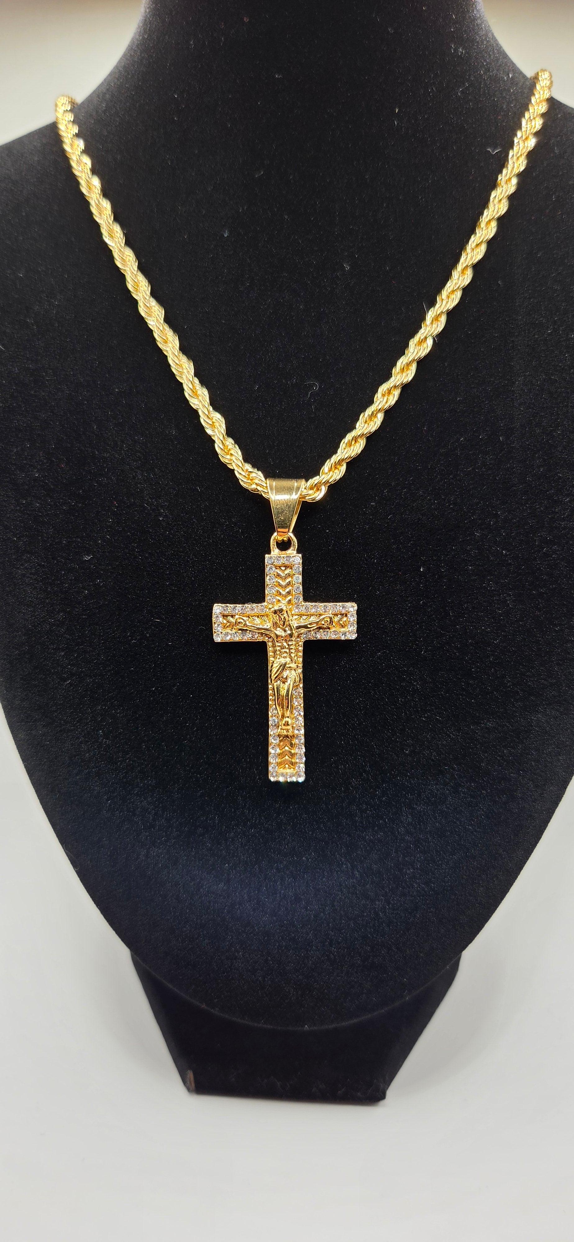 30 inch Gold twist chain with golden iced out cross