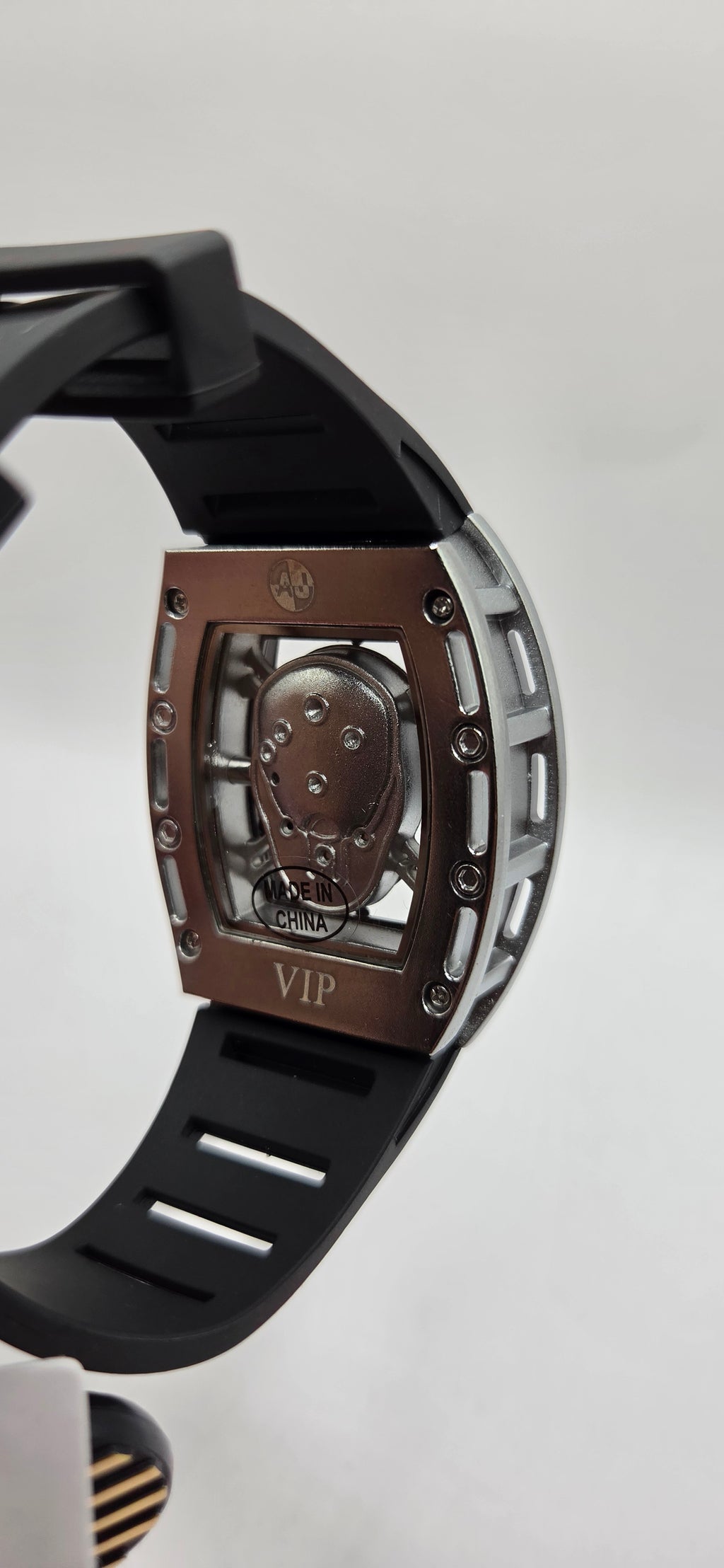 Aj black mille silver skeleton style watch