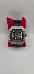 Iced out Mille style watch silver with a black rubber band
