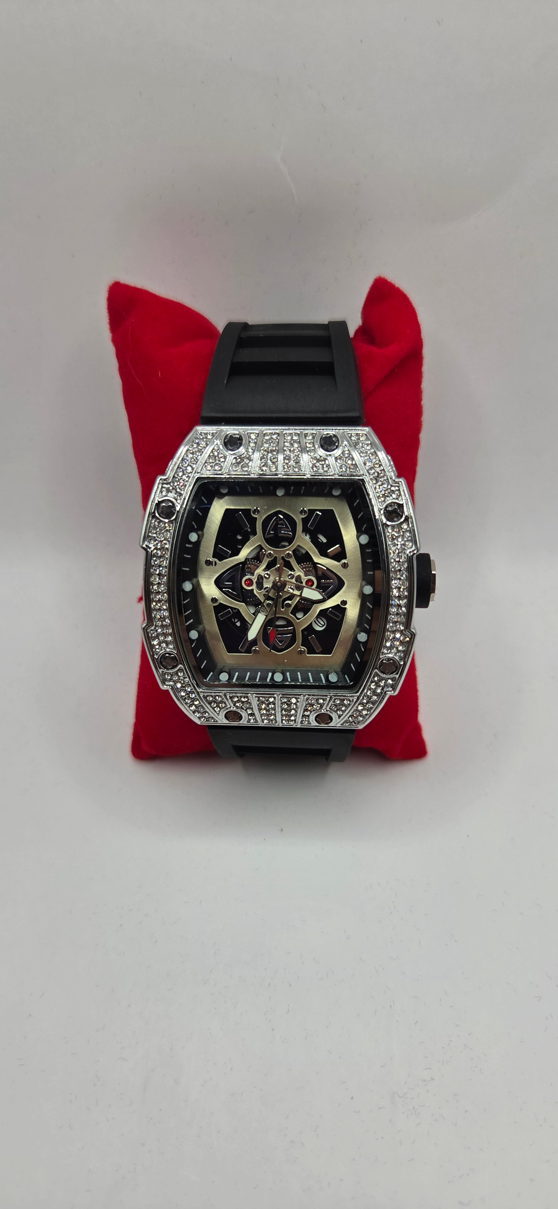 Iced out Mille style watch silver with a black rubber band