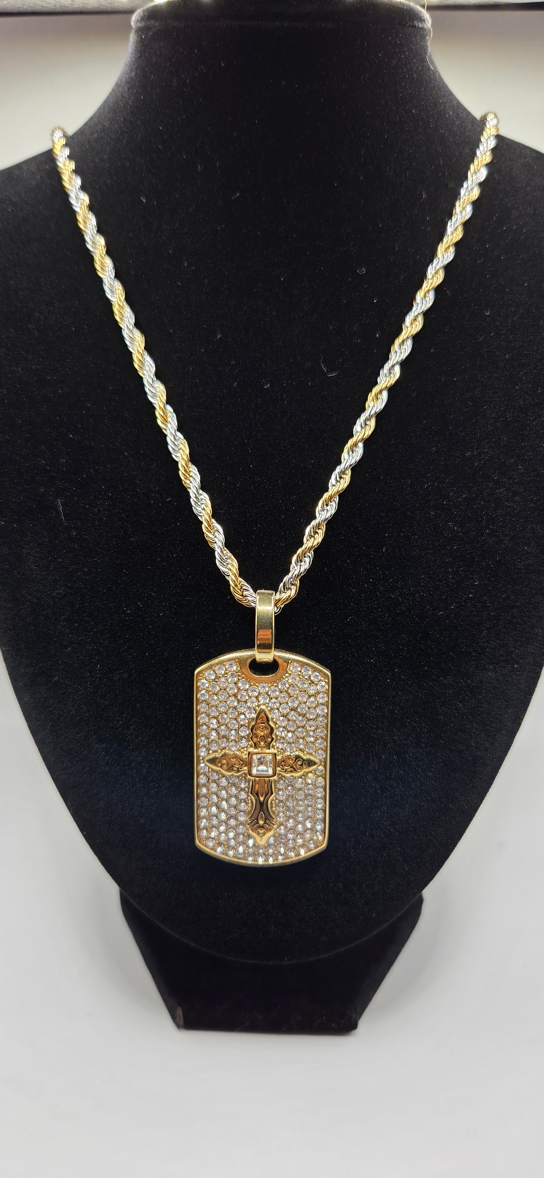 30 inch Gold and silver twist chain with golden iced out dogtag with cross