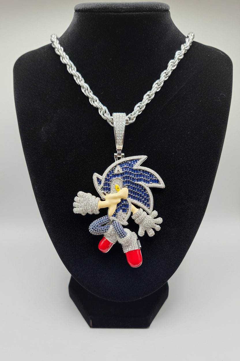 Iced out sonic pendant with 24 inch silver rope chain