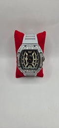 Iced out Mille style watch silver with a white rubber band
