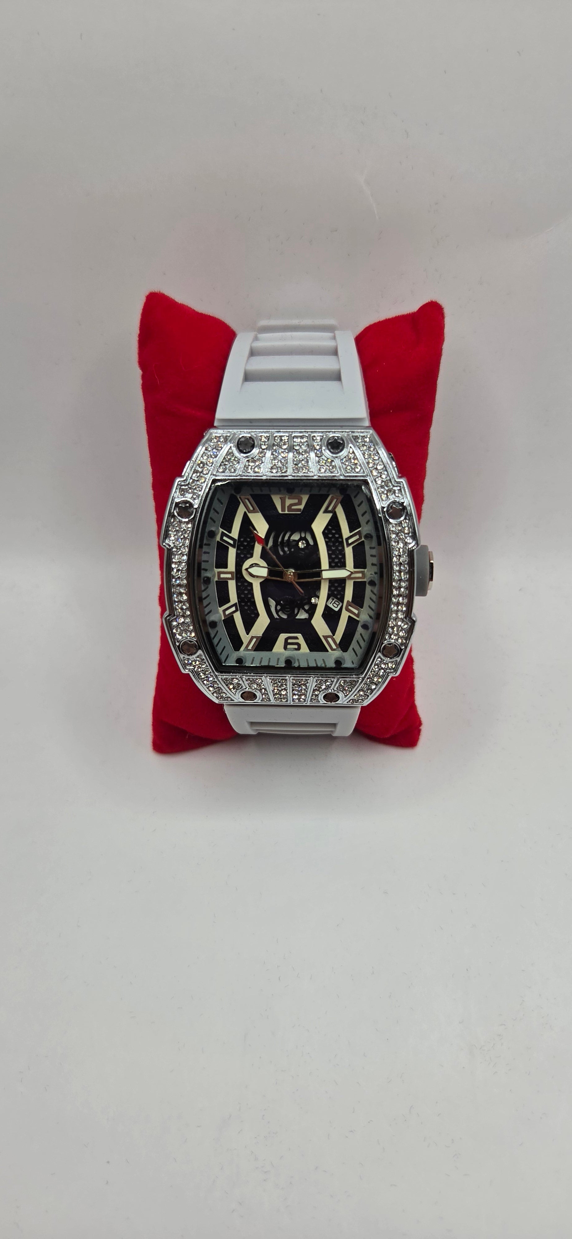 Iced out Mille style watch silver with a white rubber band