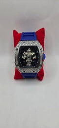 AJ iced out Mille style watch silver with blue rubber band