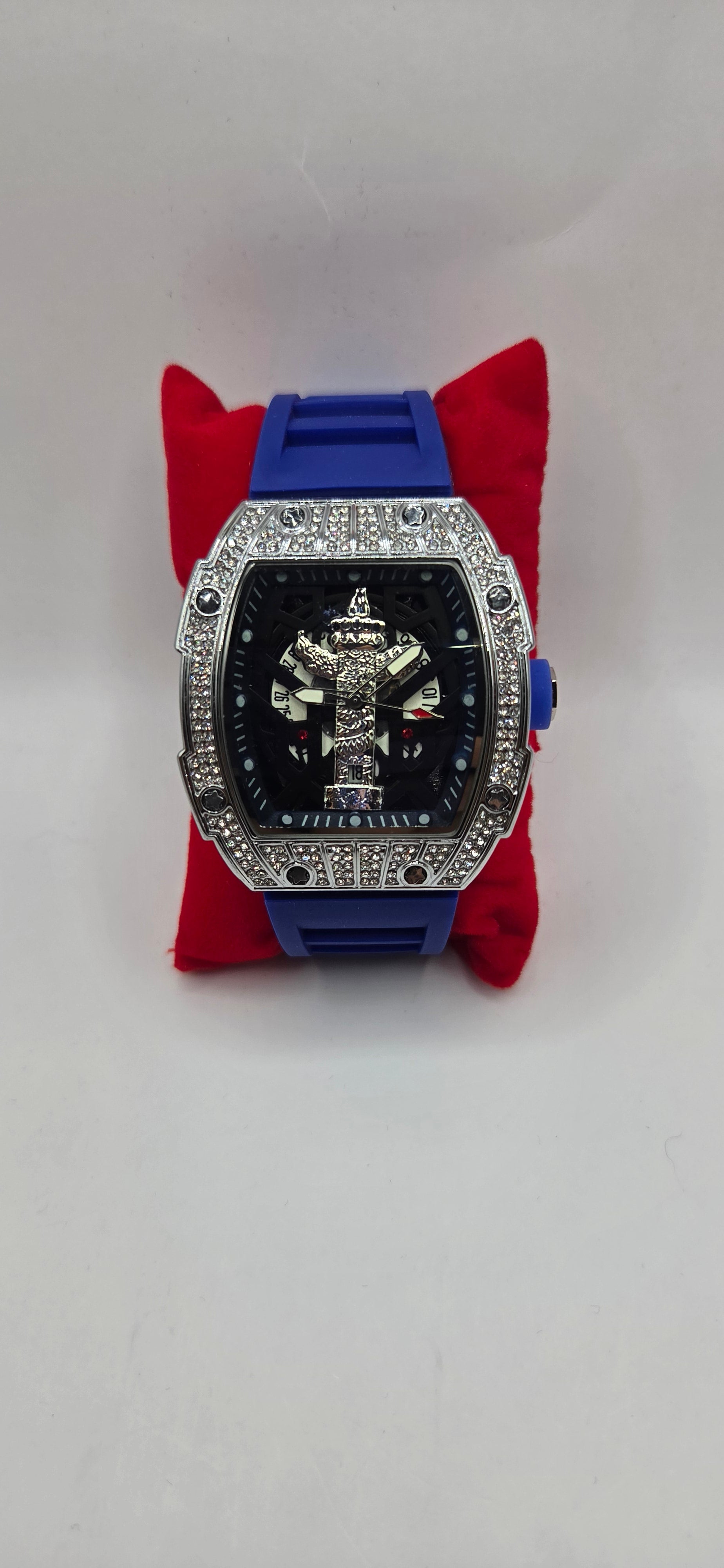 AJ iced out Mille style watch silver with blue rubber band