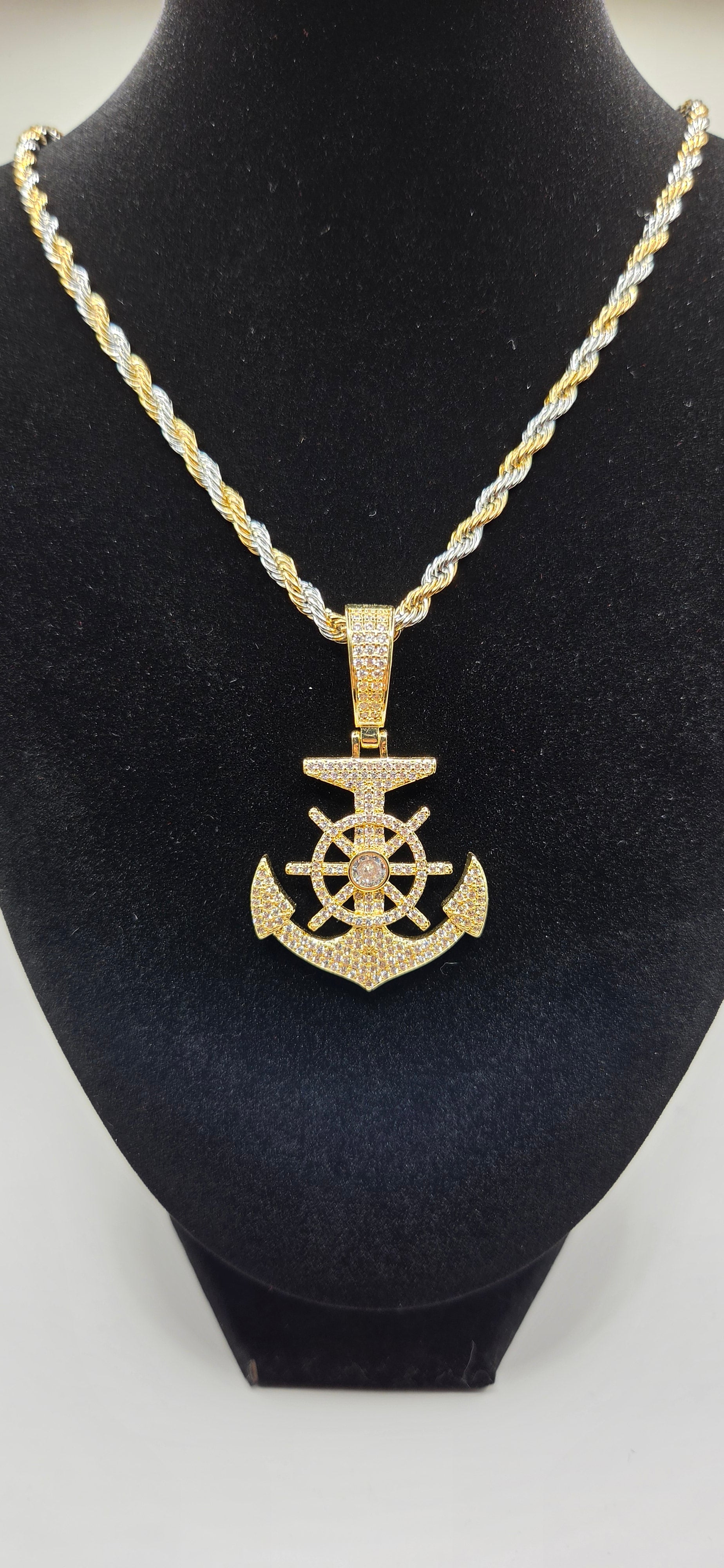 30 inch Gold and silver twist chain with golden iced out anchor