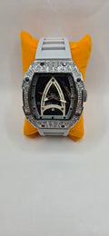 Aj starship iced out mille style watch, white rubber band and VVSCZ stones