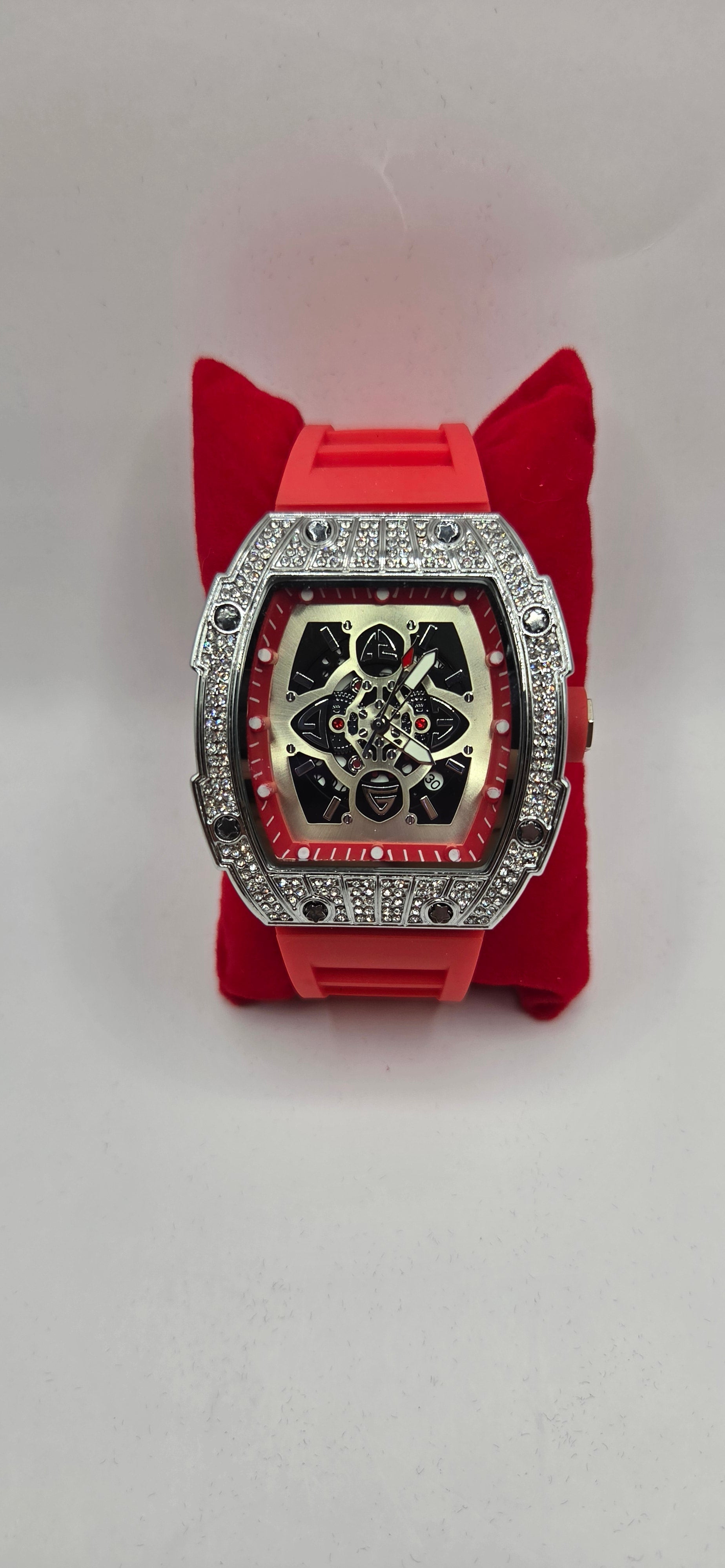 Iced out Mille style watch silver with a red rubber band