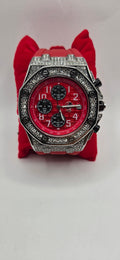 AJ red iced out Chrono master watch with a red rubber band