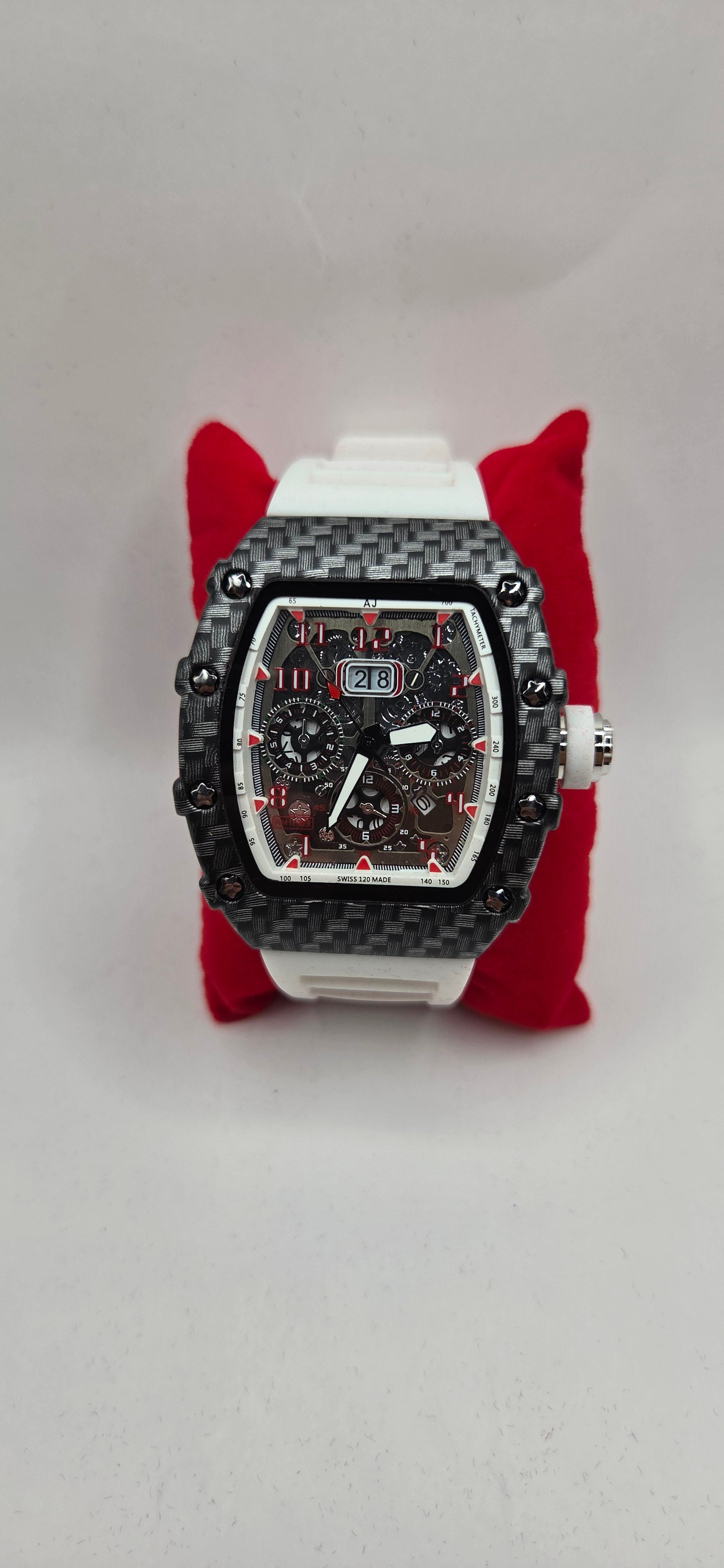 Mille style watch black carbon fiber with a white rubber band